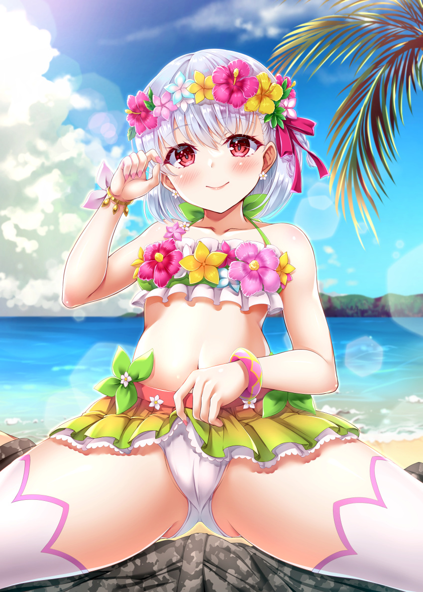 1boy 1girl absurdres ass_visible_through_thighs bangs bare_shoulders beach bikini blue_sky blush bracelet breasts cameltoe collarbone crotch earrings fate/grand_order fate_(series) flower_earrings flower_wreath girl_on_top green_bikini hair_ribbon head_wreath highres jewelry kama_(fate) kama_(swimsuit_avenger)_(fate) kama_(swimsuit_avenger)_(first_ascension)_(fate) looking_at_viewer miniskirt navel palm_leaf rainbow_skirt red_eyes ribbon shore short_hair sitting sitting_on_person skirt sky small_breasts smile solo_focus swimsuit thighhighs thighs tsukumokazuki white_hair white_thighhighs