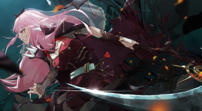 1girl absurdres armlet bangs black_cape blunt_bangs bracer breasts cape cleavage clenched_teeth commentary daichi detached_sleeves determined dress english_commentary fang fighting from_side grin highres holding holding_scythe hololive hololive_english large_breasts long_dress long_hair mori_calliope pink_eyes pink_hair red_dress scythe see-through see-through_sleeves shoulder_spikes side_slit single_detached_sleeve sleeveless sleeveless_dress smile spikes straight_hair teeth tiara torn_cape torn_clothes veil virtual_youtuber