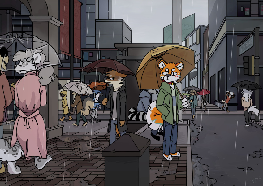 absurd_res anthro canid canine canis domestic_dog female fox group hi_res male mammal nekeithfox outside procyonid raccoon raining umbrella