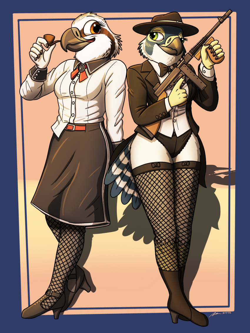 absurd_res accipitriform avian bioshock bioshock_infinite bird black_tie_(suit) boots bottomwear bow_tie clothing cosplay duo elizabeth_(bioshock_infinite) falcon falconid female fish_birb fishnet fishnet_legwear footwear gun hat headgear headwear hi_res high_heeled_boots high_heels katie_(fish_birb) legwear lizzy_(fish_birb) osprey panties pantsless peregrine_falcon ranged_weapon shirt skirt submachine_gun suit thompson_gun topwear underwear video_games weapon