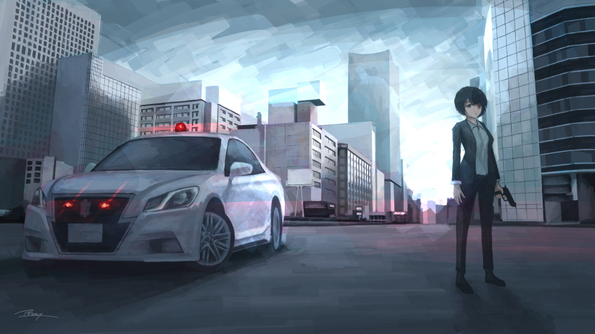 1girl apollos_ars black_eyes black_footwear black_hair black_jacket black_pants building car city cityscape closed_mouth commentary english_commentary formal ground_vehicle headlight highres jacket light long_sleeves looking_at_viewer motor_vehicle open_clothes open_jacket original outdoors pants police_car scenery shoes short_hair signature solo suit vehicle_request wide_shot
