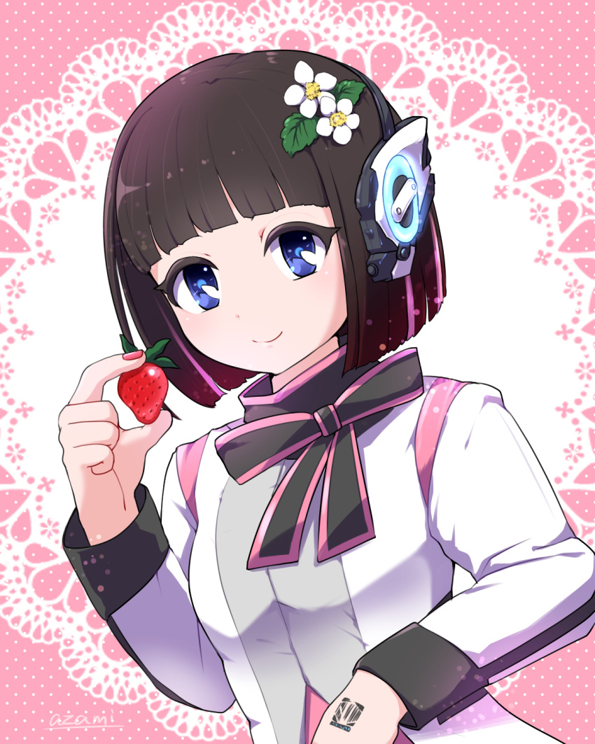 1girl artist_name bangs black_hair black_ribbon blue_pupils blunt_bangs bob_cut closed_mouth fingernails flower food fruit hair_flower hair_ornament hand_up headphones highres holding holding_food holding_fruit humagear_headphones is_(kamen_rider_01) kamen_rider kamen_rider_01_(series) leaf long_sleeves looking_at_viewer multicolored_hair nail_polish pink_hair pink_nails pink_ribbon purple_eyes ribbon short_hair smile solo strawberry streaked_hair togeshiro_azami two-tone_hair two-tone_ribbon upper_body white_flower