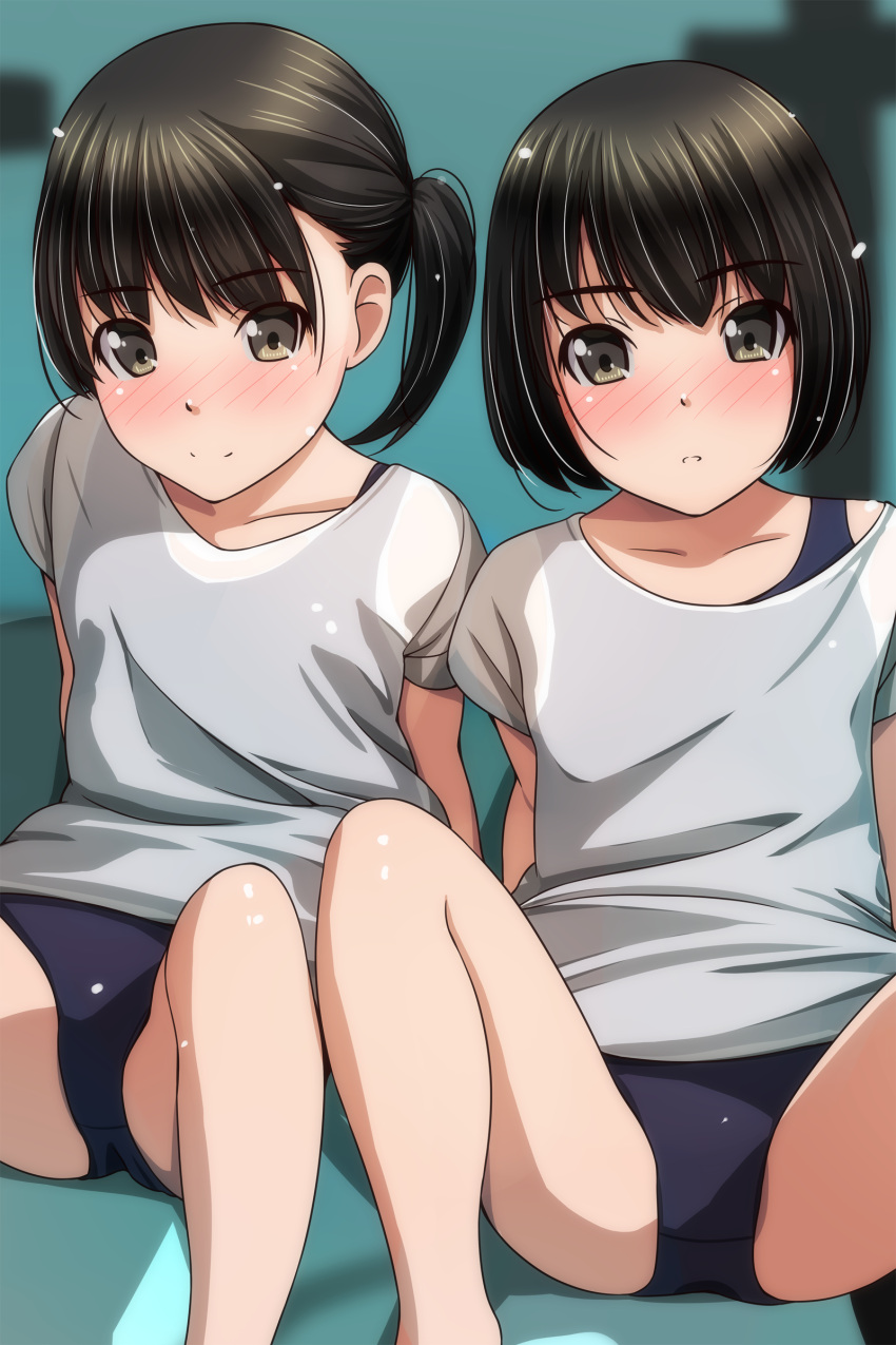 2girls absurdres black_hair blue_one-piece_swimsuit blush brown_eyes closed_mouth highres looking_at_viewer matsunaga_kouyou multiple_girls one-piece_swimsuit original parted_lips ponytail school_swimsuit shirt short_hair sitting smile swimsuit swimsuit_under_clothes t-shirt white_shirt