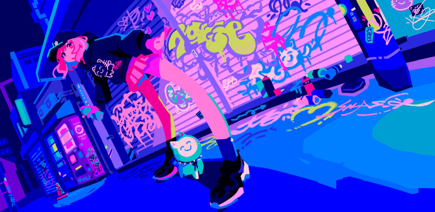 1girl :o absurdres ankle_socks black_hoodie cat dutch_angle from_below graffiti highres hood hood_down hoodie niconico night nqrse official_art outdoors pleated_skirt ponsuke_kaikai skirt socks solo spray_can spray_paint