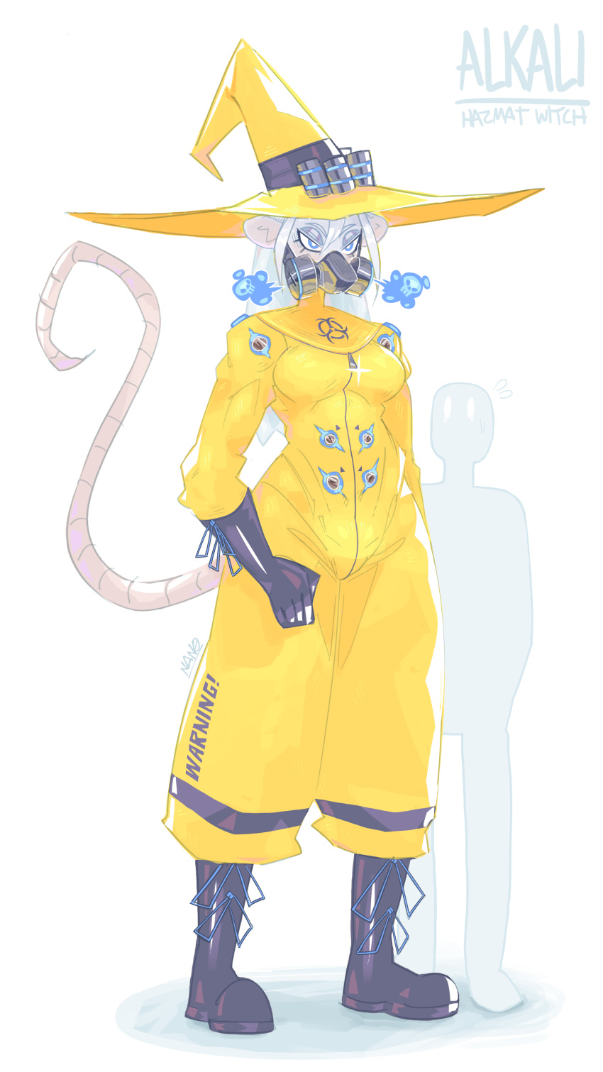 2022 absurd_res alkali_(nanokindred) angry_eyes anthro biped blue_eyes bodily_fluids boots breasts clothing digital_media_(artwork) duo female footwear fur gas_mask gloves hair handwear hat hazmat_suit headgear headwear hi_res human larger_anthro larger_female long_hair magic_user mammal mask murid murine nanokindred rat rodent simple_background size_difference smaller_human sweat white_background white_body white_fur white_hair witch witch_hat