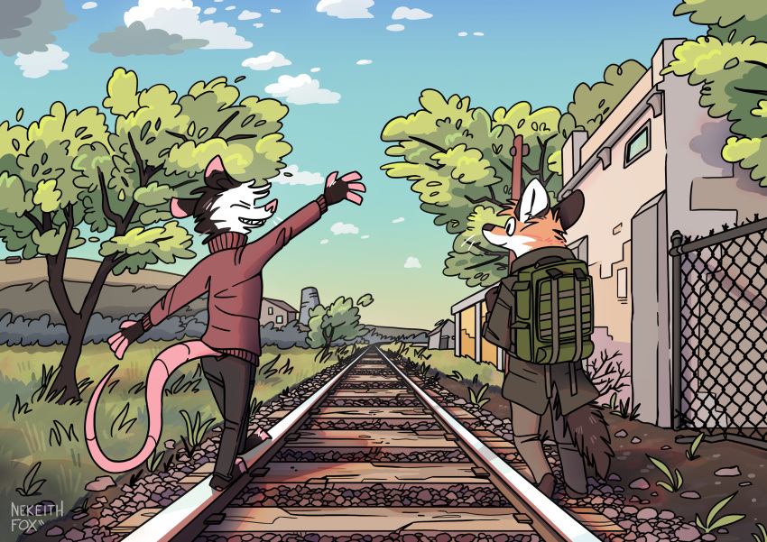 absurd_res anthro backpack canid canine didelphid duo fox hi_res male mammal marsupial nekeithfox plant railway tree