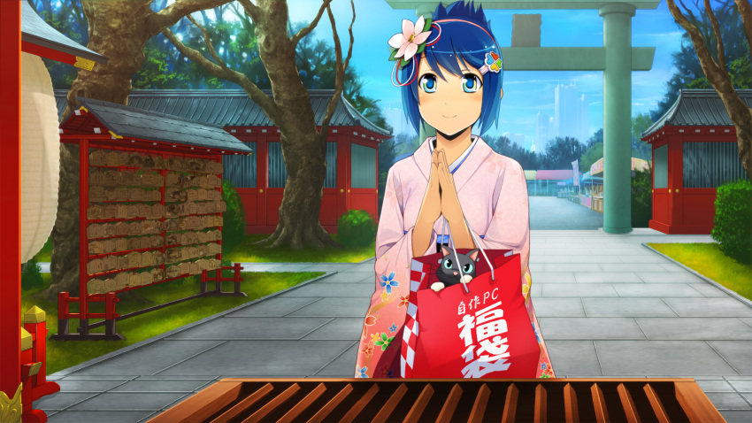 1girl blue_eyes blue_hair blush cat closed_mouth day flower hair_flower hair_ornament hairband hairclip highres japanese_clothes kimono long_sleeves madobe_nanami microsoft os-tan outdoors pink_flower pink_hairband pink_kimono shiny shiny_hair short_hair smile solo standing temple temple_gate torii updo wide_sleeves