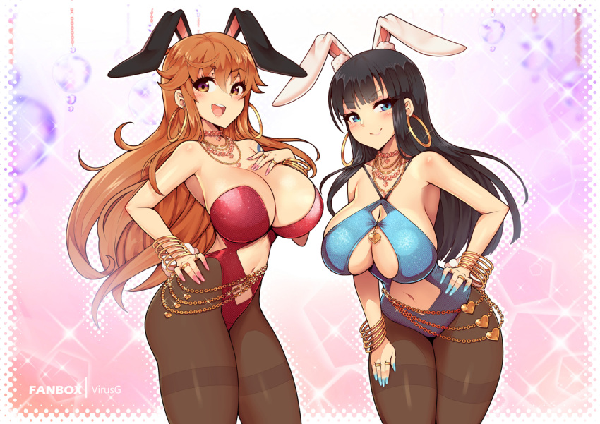 2girls animal_ears bare_shoulders black_hair blue_eyes blue_nails breasts cleavage clothing_cutout cowboy_shot dress earrings fake_animal_ears fake_tail fingernails gold hair_between_eyes hand_on_hip hoop_earrings jewelry large_breasts leaning_forward leotard long_fingernails long_hair looking_at_viewer multiple_girls nail_polish nami_(one_piece) navel navel_cutout nico_robin one_piece orange_eyes orange_hair pantyhose pink_nails playboy_bunny rabbit_ears rabbit_tail simple_background smile tail thighband_pantyhose thighs very_long_hair virus-g
