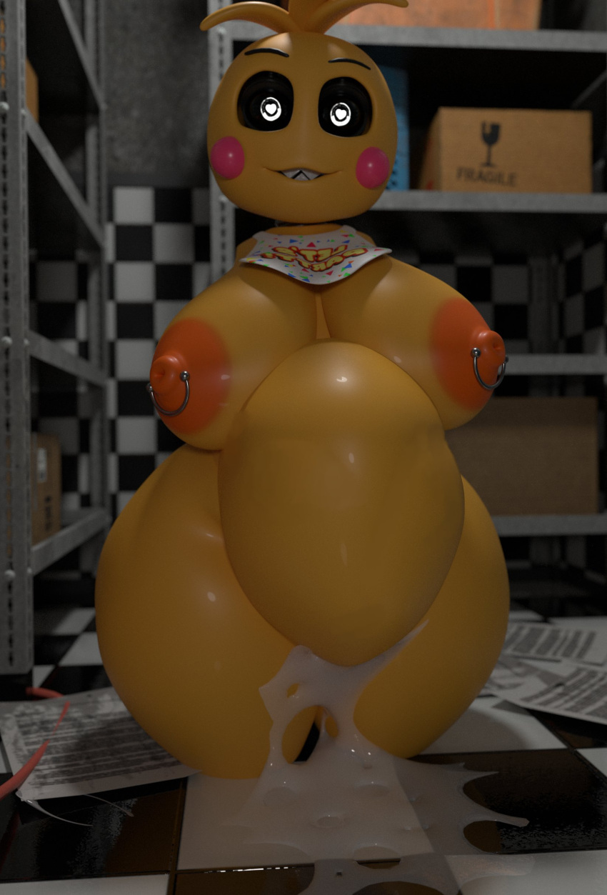 &lt;3 &lt;3_eyes 2022 3d_(artwork) absurd_res amputee animatronic anthro areola avian bib bird blush blush_stickers bodily_fluids breasts chicken cum cum_on_ground digital_media_(artwork) disability female feversfm five_nights_at_freddy's five_nights_at_freddy's_2 galliform gallus_(genus) genital_fluids hi_res looking_at_viewer lovetaste_chica machine nipple_piercing nipples orange_areola orange_nipples phasianid piercing robot runaboo_chica scottgames sharp_teeth solo teeth toy_chica_(fnaf) video_games yellow_body