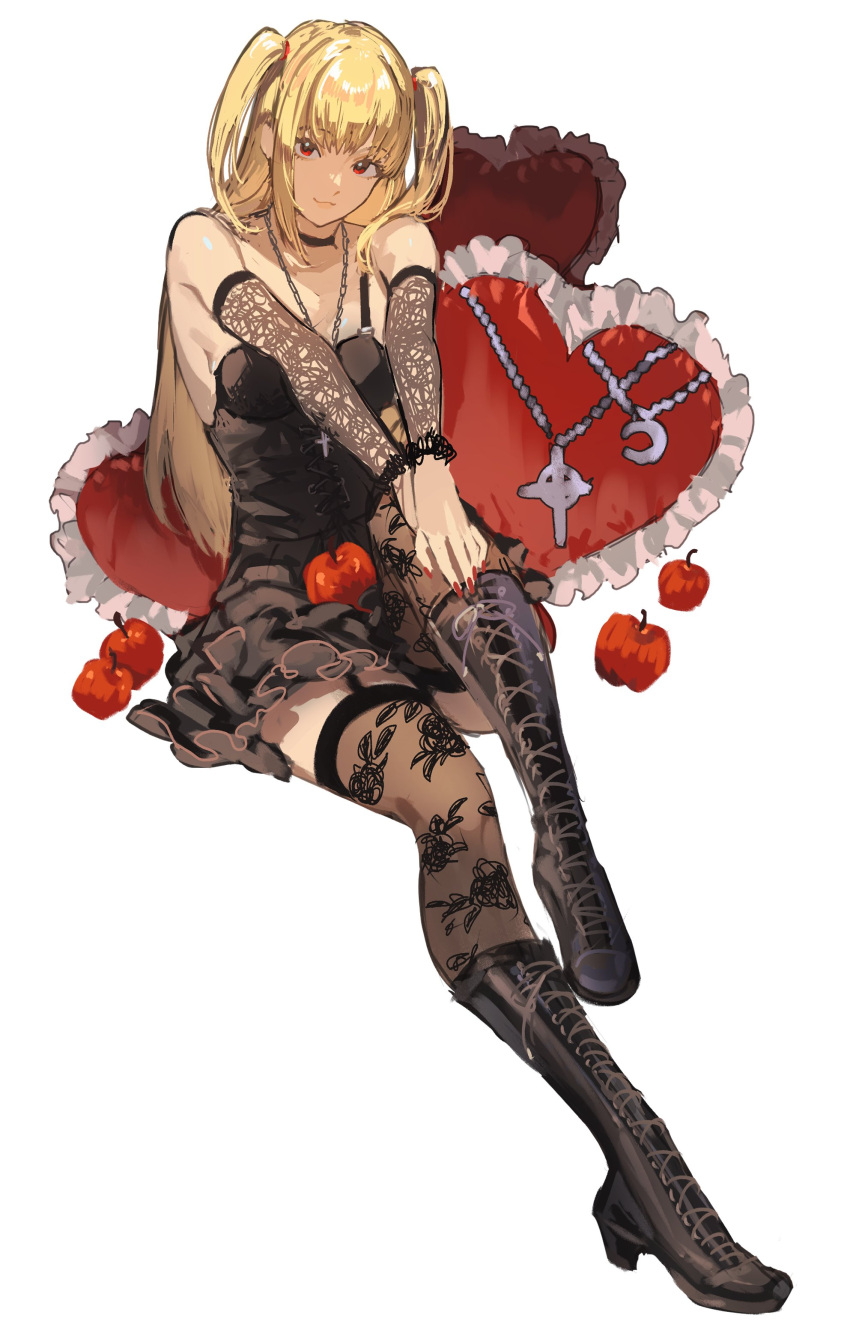 1girl absurdres amane_misa apple bangs black_choker black_dress black_footwear blonde_hair boots breasts choker closed_mouth cross cross_necklace death_note detached_sleeves dress floral_print food frilled_pillow frills fruit garter_straps gothic_lolita hanny_(uirusu_chan) heart heart_pillow highres jewelry knee_boots lolita_fashion long_hair long_sleeves looking_at_viewer nail_polish necklace pillow print_thighhighs red_apple red_eyes red_nails shiny shiny_hair short_dress sitting sleeveless sleeveless_dress small_breasts smile solo twintails very_long_hair white_background