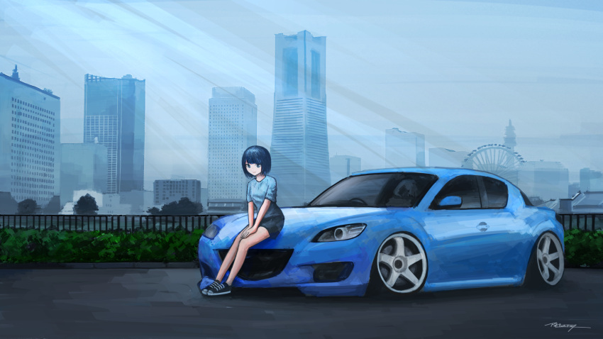 1girl apollos_ars bangs black_eyes black_footwear black_hair black_shorts blue_shirt building car city closed_mouth commentary ferris_wheel ground_vehicle headlight highres looking_at_viewer mazda mazda_rx-8 motor_vehicle on_vehicle original scenery shirt shoes short_hair short_sleeves shorts sign sitting skyscraper smile sneakers solo sports_car wide_shot yokohama