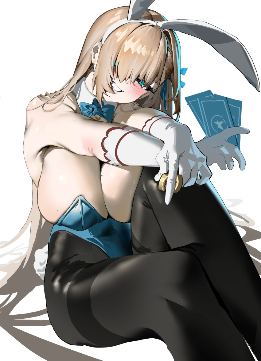 1girl absurdres animal_ears asuna_(blue_archive) asuna_(bunny)_(blue_archive) black_pantyhose blue_archive blue_eyes blue_ribbon breasts card cleavage coin fake_animal_ears fake_tail gloves hair_over_one_eye hair_ribbon highres holding holding_card holding_coin large_breasts looking_at_viewer mitsuki3s_kir mole mole_on_breast official_alternate_costume pantyhose rabbit_ears rabbit_tail ribbon shiny shiny_hair simple_background sitting smile solo tail white_background white_gloves