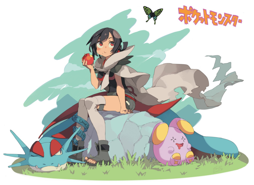 1girl :t apple black_hair boots bug butterfly cloak commentary copyright_name eating food fruit highres holding holding_food holding_fruit morino_hon photoshop_(medium) pokemon pokemon_(creature) pokemon_(game) pokemon_oras red_eyes red_wings salamence sandals short_hair shorts sitting smile toeless_footwear whismur wings zinnia_(pokemon)