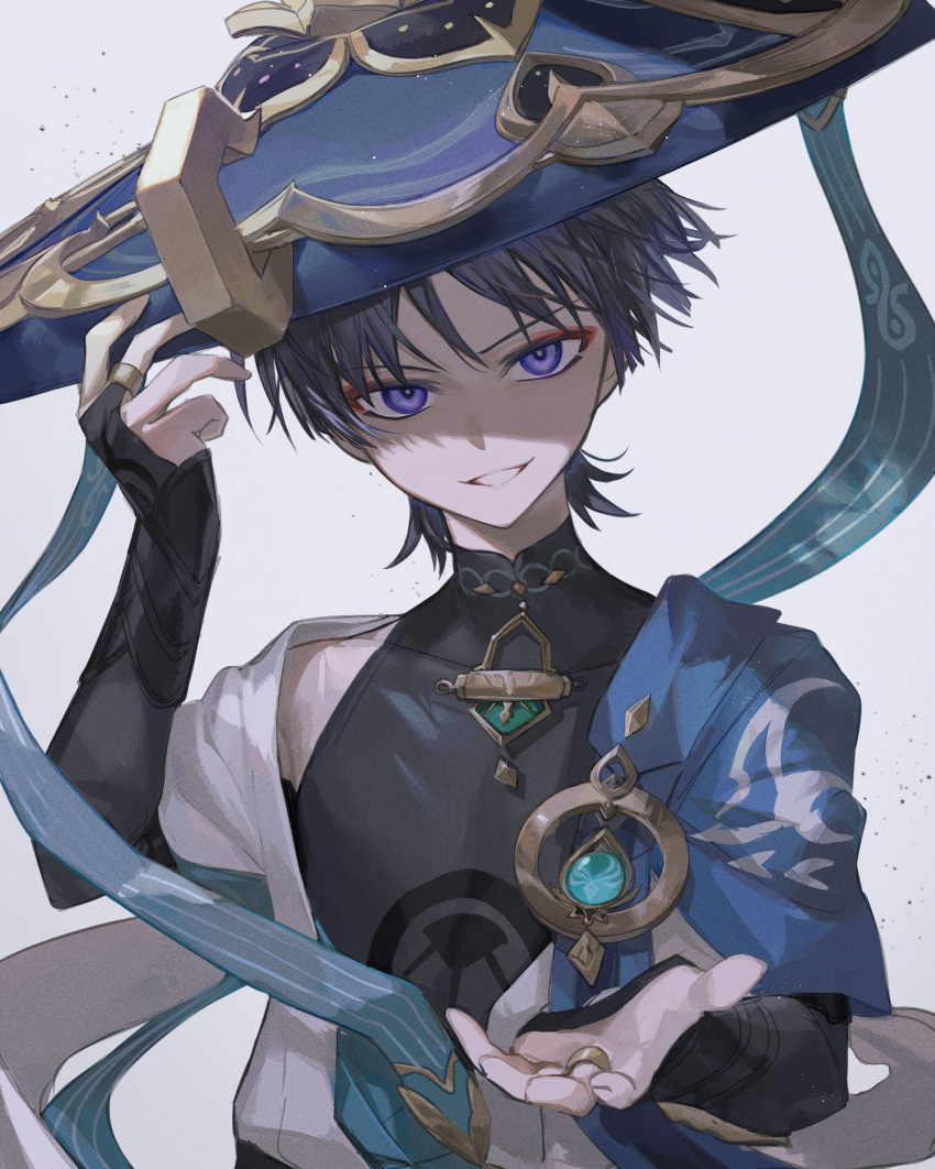 1boy arm_up bangs bare_shoulders black_hair black_shirt blue_headwear blue_ribbon blunt_ends bridal_gauntlets collarbone commentary_request covered_collarbone eyeshadow genshin_impact gold_trim grin hand_up hat highres jacket japanese_clothes jingasa looking_at_viewer makeup male_focus off_shoulder parted_bangs parted_lips purple_eyes red_eyeshadow ribbon scaramouche_(genshin_impact) scaramouche_(wanderer)_(genshin_impact) shaded_face shirt short_hair short_sleeves sleeveless sleeveless_shirt smile solo upper_body v-shaped_eyebrows vision_(genshin_impact) white_background white_jacket wide_sleeves zaso