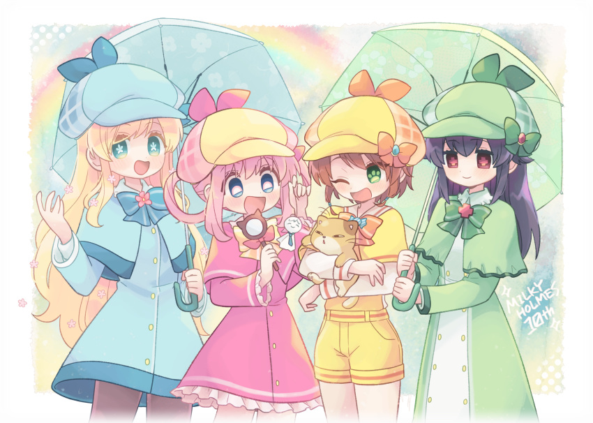 4girls animal black_hair blonde_hair blue_capelet blue_dress blue_eyes brown_hair capelet cat cordelia_glauca deerstalker dress green_capelet green_dress green_eyes hair_rings haku_le hat hercule_barton highres holding holding_animal holding_cat holding_umbrella long_dress long_hair magnifying_glass multiple_girls one_eye_closed open_mouth pink_capelet pink_hair red_eyes sherlock_shellingford short_hair shorts smile tantei_opera_milky_holmes umbrella yellow_capelet yellow_shorts yuzurizaki_nero