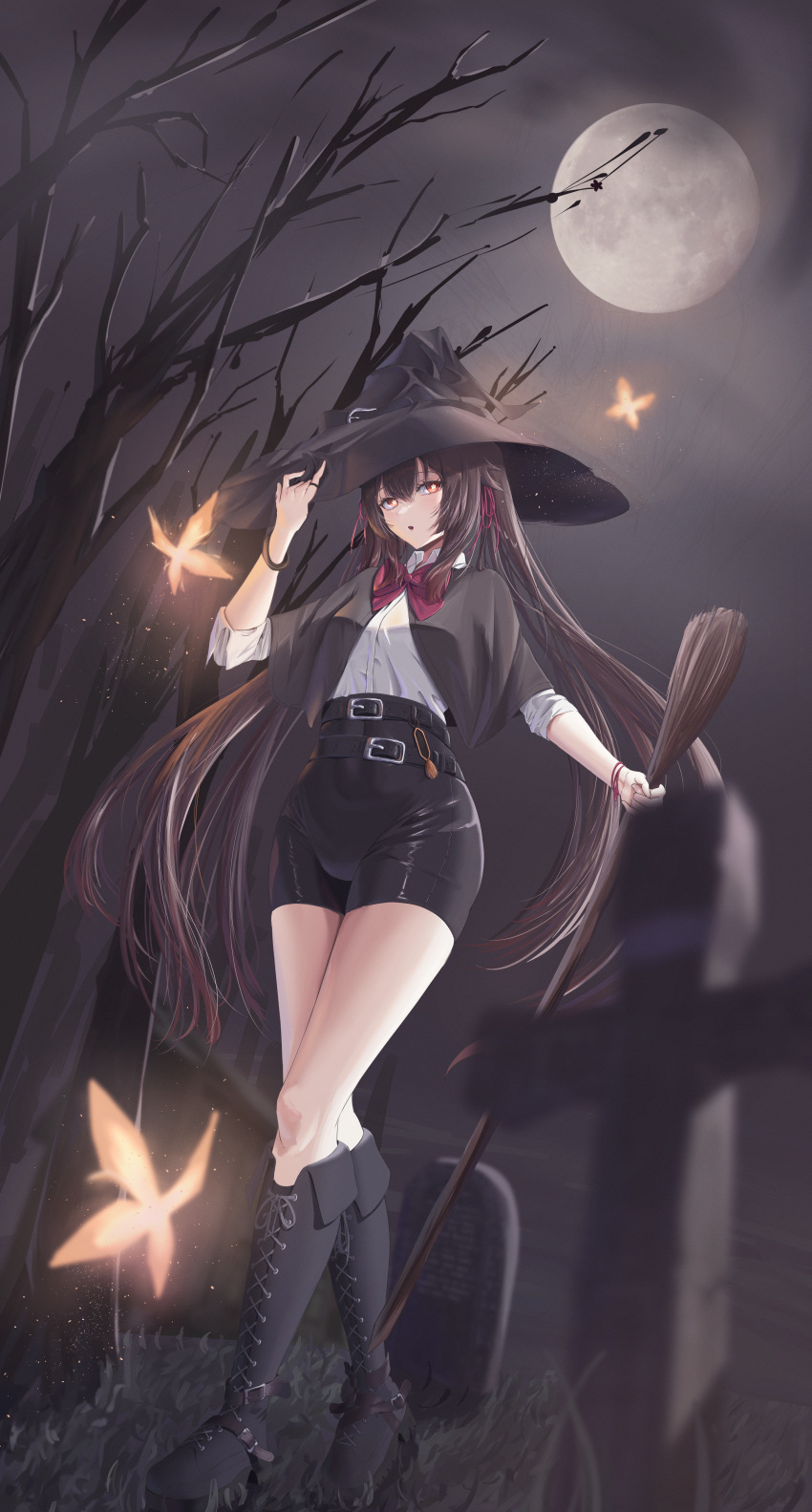 1girl :o absurdres bakemonsou black_footwear black_headwear black_shorts blush boots bow bowtie bracelet broom brown_hair bug butterfly cloak collared_shirt colored_tips flower-shaped_pupils genshin_impact graveyard halloween hand_on_headwear hat high-waist_shorts highres holding holding_broom hu_tao_(genshin_impact) jewelry long_hair moon multicolored_hair night open_mouth red_bow red_bowtie red_eyes shirt shirt_tucked_in shorts sidelocks solo standing symbol-shaped_pupils taut_clothes thighs tombstone twintails very_long_hair white_shirt witch_hat