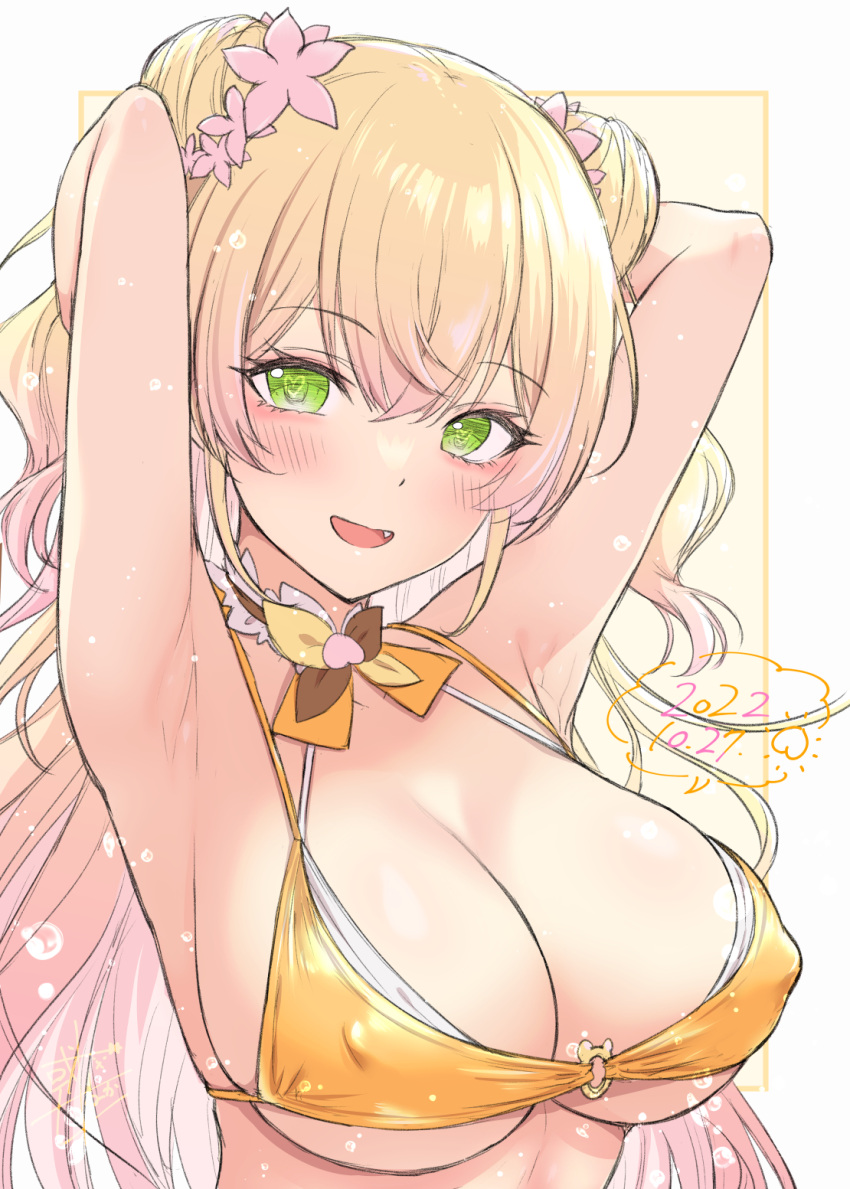 1girl alto_seneka armpits arms_up bikini blonde_hair breasts cleavage collar double_bun fang flower green_eyes hair_between_eyes hair_bun hair_flower hair_ornament heart heart-shaped_pupils highres hololive large_breasts long_hair momosuzu_nene multicolored_hair solo swimsuit symbol-shaped_pupils virtual_youtuber