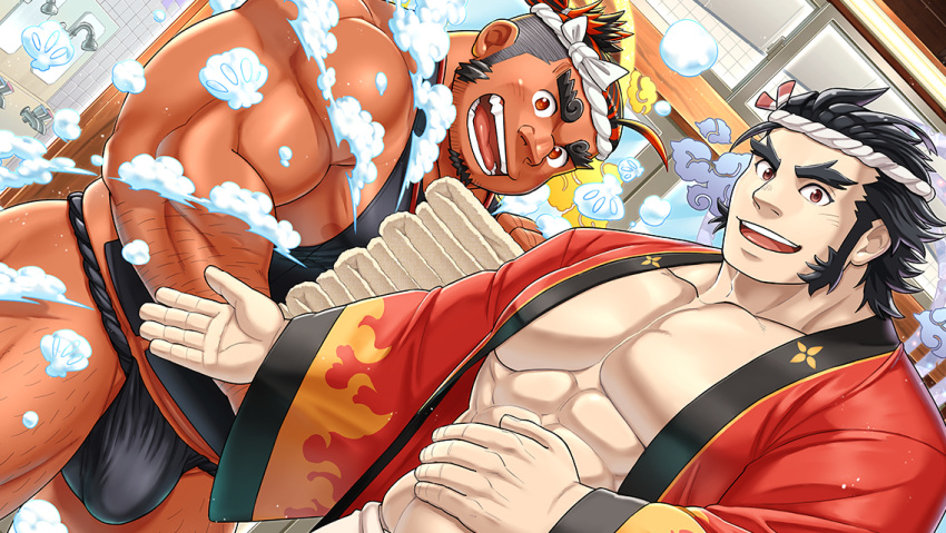 2boys abs ahoge arm_hair bara bare_pectorals bare_shoulders beckoning black_fundoshi black_hair black_tank_top blush bubble bulge carrying commentary_request dark-skinned_male dark_skin ei_(marutendon) facial_hair forked_eyebrows goatee hachimaki halo headband indoors jewelry large_pectorals leg_hair long_sideburns looking_at_viewer male_focus mature_male multicolored_hair multiple_boys muscular muscular_male necklace nipples official_art onamuchi_(housamo) open_clothes open_mouth open_robe orange_eyes orange_hair outstretched_hand pectorals red_eyes red_robe robe sarutahiko_(housamo) short_hair sideburns smile tank_top teeth thick_arms thick_eyebrows thick_thighs thighs third-party_source tokyo_afterschool_summoners towel two-tone_hair undercut