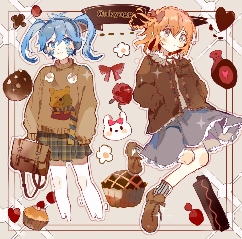 2girls :3 alternate_costume alternate_hairstyle animal_ears bag blue_eyes blue_hair border bottle braid brown_bag brown_jacket brown_ribbon brown_sweater candy candy_wrapper checkered_clothes checkered_skirt collar cookie cupcake ene_(kagerou_project) flower food frilled_collar frilled_skirt frills grey_eyes grey_shirt grey_skirt grey_socks hair_ribbon headphones heart highres jacket kagerou_project kisaragi_momo light_blue_hair looking_at_viewer looking_to_the_side mekakucity_actors multiple_girls orange_hair otorigg pie pleated_skirt rabbit rabbit_ears red_ribbon ribbon scarf shirt short_hair side_braid single_braid skirt socks striped striped_scarf sweater sweets twintails vertical-striped_scarf vertical_stripes watermark white_flower winnie_the_pooh