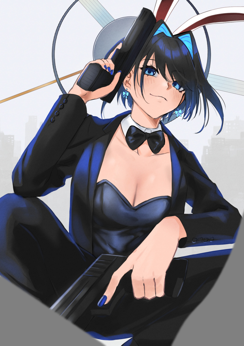 1girl animal_ears bangs black_bow black_bowtie black_hair black_jacket black_pants blue_eyes blush bow bow_earrings bowtie breasts cleavage closed_mouth detached_collar dual_wielding earrings gun hair_intakes handgun highres holding holding_gun holding_weapon hololive hololive_english jacket jewelry long_sleeves mechanical_halo open_clothes open_jacket ouro_kronii pants rabbit_ears saco_(cgmore) solo squatting virtual_youtuber weapon