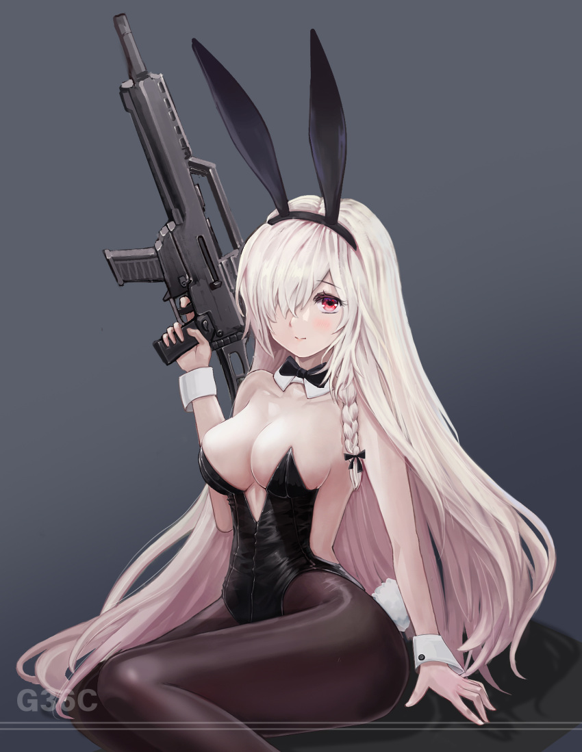 1girl alternate_costume animal_ears arm_support assault_rifle bangs bare_shoulders black_bow black_bowtie black_leotard black_pantyhose blonde_hair blush bow bowtie braid breasts character_name cleavage closed_mouth collarbone detached_collar fake_animal_ears feet_out_of_frame g36c_(girls'_frontline) girls'_frontline gun h&amp;k_g36c hair_over_one_eye highres holding holding_gun holding_weapon leotard lips long_hair looking_at_viewer medium_breasts pantyhose playboy_bunny purple_eyes rifle shadow simple_background single_braid sitting smile solo soribit95 thighs traditional_bowtie weapon white_wrist_cuffs wrist_cuffs