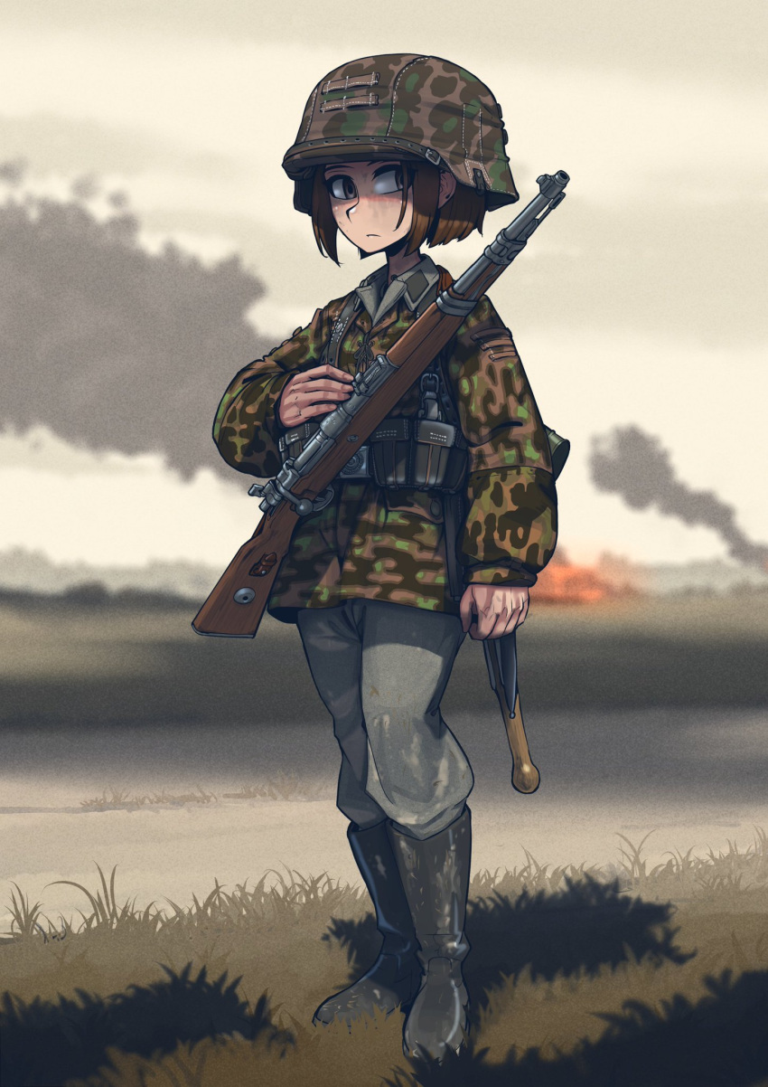 1girl battle_rifle bolt_action boots brown_hair burning camouflage camouflage_helmet camouflage_jacket cloud cloudy_sky commission erica_(naze1940) grass gun helmet highres jacket keiita original rifle shaded_face sky smoke solo weapon weapon_request world_war_ii