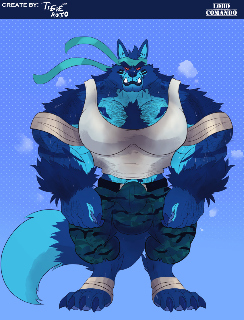 1397_david 4_toes 5_fingers abs absurd_res accessory anthro arm_hair arm_tuft barefoot biceps big_muscles biped blue_body blue_fur bodily_fluids body_hair bottomwear broad_shoulders bulge canid canine canis chest_hair claws clothed clothing digital_media_(artwork) digitigrade english_text fangs feet finger_claws fingers five_o'clock_shadow foot_wraps fur genitals hair hairy headband hi_res hindpaw lobo_comando looking_at_viewer male mammal muscular muscular_anthro muscular_male musk pawpads paws pecs pubes red_eyes shirt simple_background solo standing sweat teeth text toe_claws toes topwear tuft wolf wraps wrist_tuft