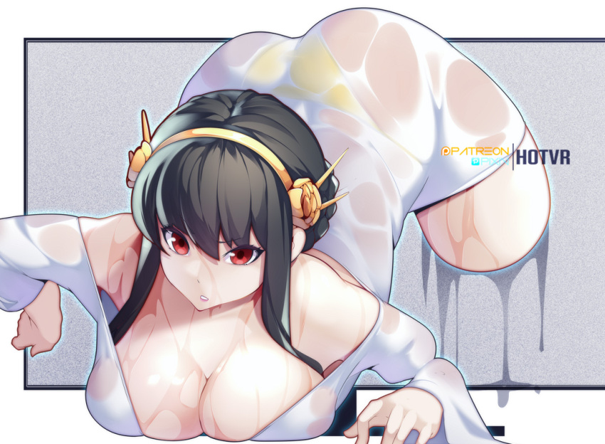 1girl bare_shoulders black_hair breast_rest breasts cleavage commentary dress english_commentary gold_hairband hairband hot_vr large_breasts looking_at_viewer parody patreon_username pixiv_username red_eyes screen solo spy_x_family the_ring wet wet_clothes wet_dress white_dress yor_briar