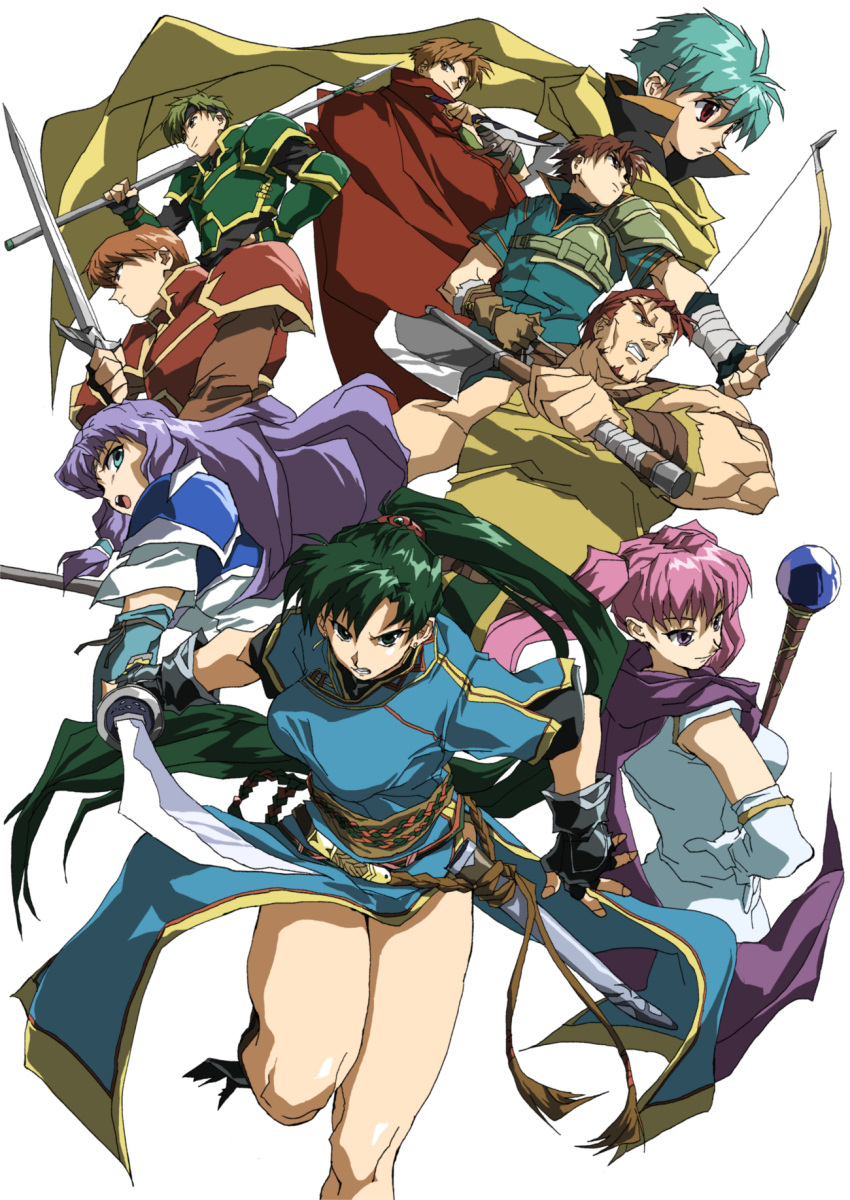 3girls 6+boys armor blue_dress blue_hair bow brown_hair cape dorcas_(fire_emblem) dress fire_emblem fire_emblem:_the_blazing_blade florina_(fire_emblem) green_hair highres kent_(fire_emblem) lance lyn_(fire_emblem) matthew_(fire_emblem) multiple_boys multiple_girls nils_(fire_emblem) pink_hair polearm ponytail purple_hair sain_(fire_emblem) serra_(fire_emblem) shino_(2919) staff sword thighs twintails weapon wil_(fire_emblem)