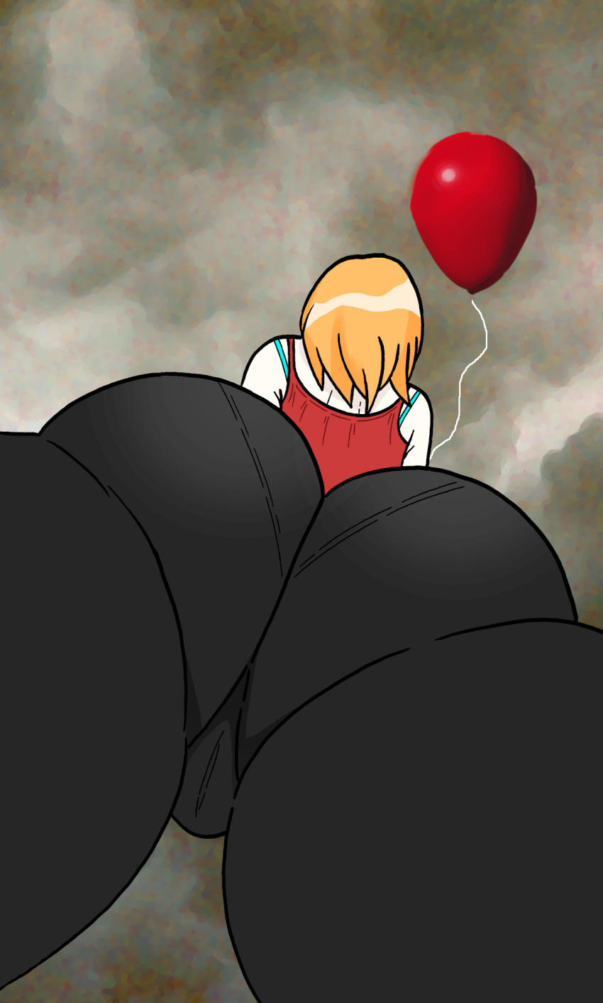 ass ass_focus balloon blue_bra bra butt_crack cloud cloudy_sky clown from_below halloween highres huge_ass it_(stephen_king) non-web_source orange_hair pale_skin panties pantyhose pantylines pennywise pussy self_upload shiny shiny_hair sky solo tank_top underwear