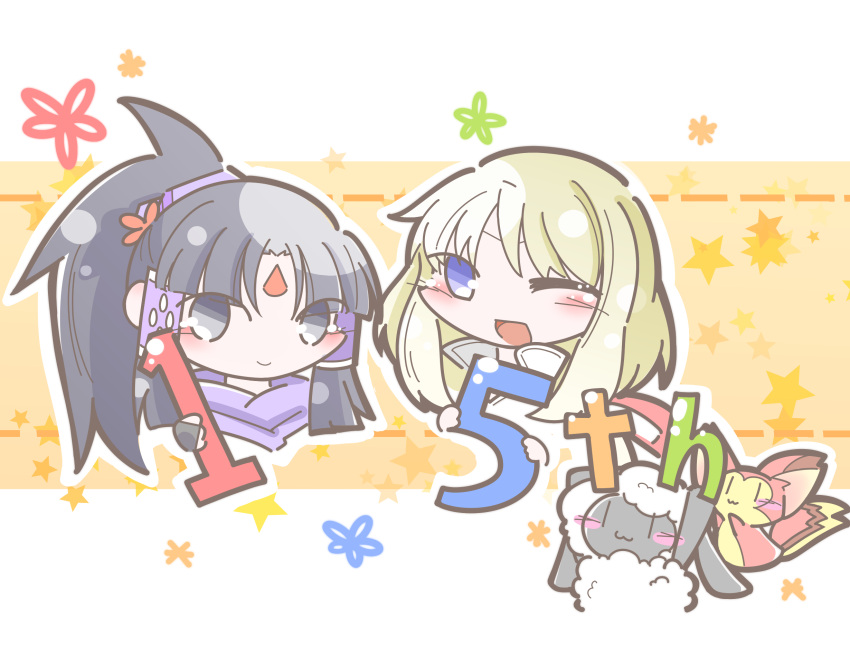 2girls :3 anniversary black_eyes black_hair blonde_hair blush chibi chirori_(rune_factory) hair_tubes highres looking_at_viewer mei_(rune_factory) mist_(fire_emblem) mofu_49cm mokomoko_(rune_factory) multiple_girls one_eye_closed open_mouth ponytail rune_factory rune_factory_1 smile star_(symbol)