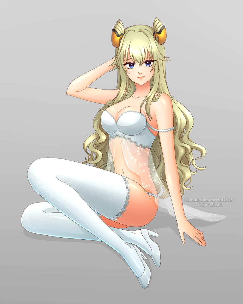 1girl absurdres arm_behind_head babydoll bangs blonde_hair bra breasts cleavage code_geass code_geass:_boukoku_no_akito collarbone commentary commission double_bun english_commentary grey_background grey_footwear hair_bun high_heels highres leila_malcal lingerie long_hair looking_at_viewer medium_breasts navel off_shoulder panties sitting smile solo stomach thighhighs underwear very_long_hair vsasha white_bra white_panties white_thighhighs