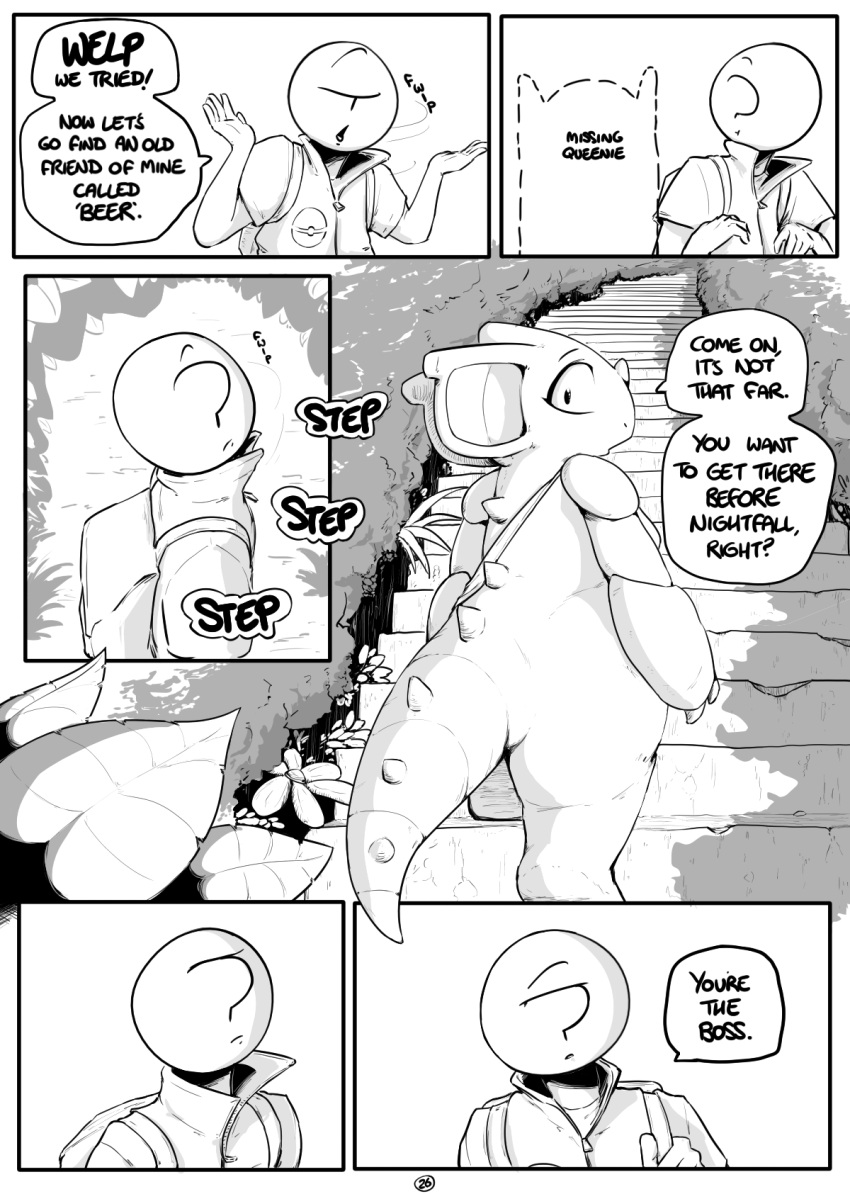 anon anthro black_and_white clothing comic day detailed_background dialogue duo english_text female generation_1_pokemon hi_res human jungle looking_back male mammal monochrome nidoqueen nintendo onomatopoeia outline pokemon pokemon_(species) queenie_(shoutingisfun) shoutingisfun shrug sound_effects speech_bubble stairs text video_games