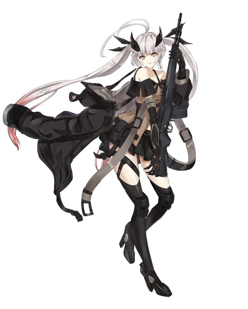 1girl absurdres antenna_hair battle_rifle boots corruption girls'_frontline gun highres holding holding_gun holding_weapon long_hair m14 m14_(girls'_frontline) mod3_(girls'_frontline) mutugorou_u pale_skin rifle sangvis_ferri solo thigh_boots twintails weapon white_background white_hair yellow_eyes