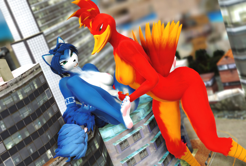 3d_(artwork) anthro avian banjo-kazooie bird blue_body blue_fur blue_hair breasts breegull canid canine digital_media_(artwork) duo female female/female female_penetrated female_penetrating female_penetrating_female fingering fox fur hair hi_res kazooie krystal macro malicekira mammal mmd nintendo nipples nude penetration rareware sex star_fox vaginal vaginal_fingering video_games white_body white_fur