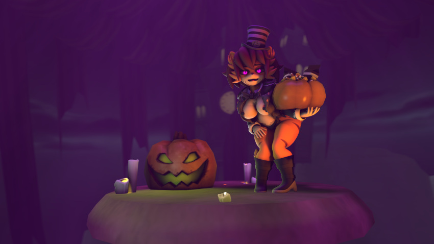 3d_(artwork) anthro big_breasts breasts clothing digital_media_(artwork) felid female fur hi_res humanoid in_heat_(game) jack-o'-lantern mammal monsterbox pantherine sammy_(in_heat) smile solo source_filmmaker spider26 stripes tiger video_games