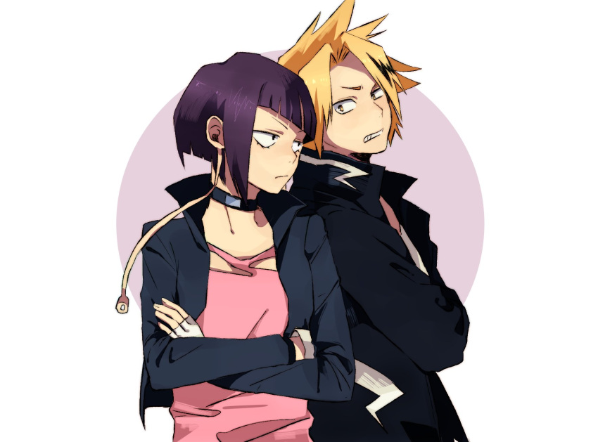 1boy 1girl bangs black_choker black_eyes black_jacket blonde_hair blunt_bangs boku_no_hero_academia choker clenched_teeth closed_mouth commentary_request eyelashes fingerless_gloves gloves gotenmocha highres jacket jirou_kyouka kaminari_denki pink_shirt purple_hair shirt short_hair teeth upper_body white_gloves