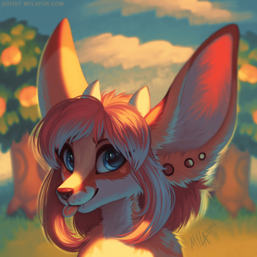 1:1 2022 anthro big_ears blep blue_eyes blue_sky blurred_background bust_portrait canid canine cheek_tuft closed_smile cloud dated ear_piercing eyelashes facial_tuft female fennec fox fur gauged_ear glistening glistening_eyes hair hi_res horn looking_at_viewer mammal mouth_closed multicolored_hair mylafox neck_tuft orange_body orange_fur orange_hair outside piercing pink_tongue plant portrait shoulder_tuft signature sky solo text tongue tongue_out tree tuft two_tone_hair url white_body white_fur white_hair white_horn