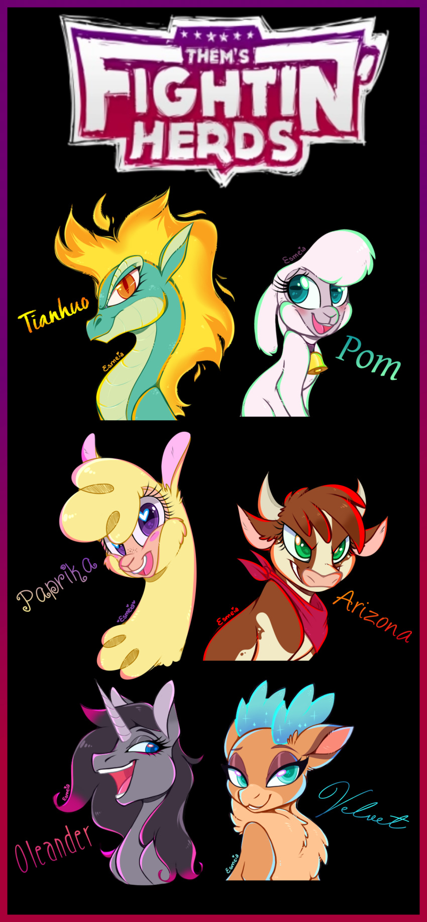 &lt;3 &lt;3_eyes 2018 2_horns absurd_res alpaca antlers arizona_cow_(tfh) asian_mythology bandanna bell bell_collar black_background black_eyelashes black_hair blue_antlers blue_eyes blush blush_stickers bovid bovine brown_body brown_ears brown_fur brown_hair camelid capreoline caprine cattle cervid chest_tuft chinese_mythology clothed clothed_feral clothing collar digital_media_(artwork) domestic_sheep dragon east_asian_mythology english_text equid equine esmeia eyebrows eyelashes eyeshadow female feral feral_with_hair fire flaming_hair flaming_mane freckles fur gradient_text green_body green_eyes green_scales grey_body grey_ears grey_fur grey_horn grin group hair hereford_cattle hi_res hooves horizontal_pupils horn horse hybrid kerchief kerchief_only lidded_eyes logo longma looking_at_viewer makeup mammal mostly_nude multicolored_body multicolored_fur multiple_images mythology neck_tuft neckerchief neckerchief_only oleander_(tfh) open_mouth open_smile orange_eyes paprika_paca_(tfh) pink_hair pink_inner_ear pink_nose pom_(tfh) pseudo_hair pseudo_mane pupils purple_eyes quadruped red_bandanna red_clothing red_kerchief red_neckerchief reindeer scales scalie sheep signature simple_background slit_pupils smile smirk standing tan_body tan_fur teal_eyes text them's_fightin'_herds tianhuo_(tfh) tuft two_tone_body two_tone_fur unicorn unicorn_horn velvet_reindeer_(tfh) wool_(fur) yellow_body yellow_ears yellow_fur yellow_wool