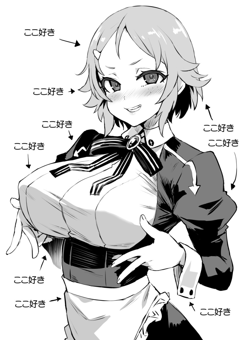 apron asanagi bangs blush bow bowtie breasts collarbone covered_nipples greyscale hair_ornament hairclip highres juliet_sleeves large_breasts lisbeth long_sleeves looking_at_viewer monochrome parted_bangs parted_lips puffy_sleeves short_hair smile sword_art_online translation_request upper_body v-shaped_eyebrows white_background
