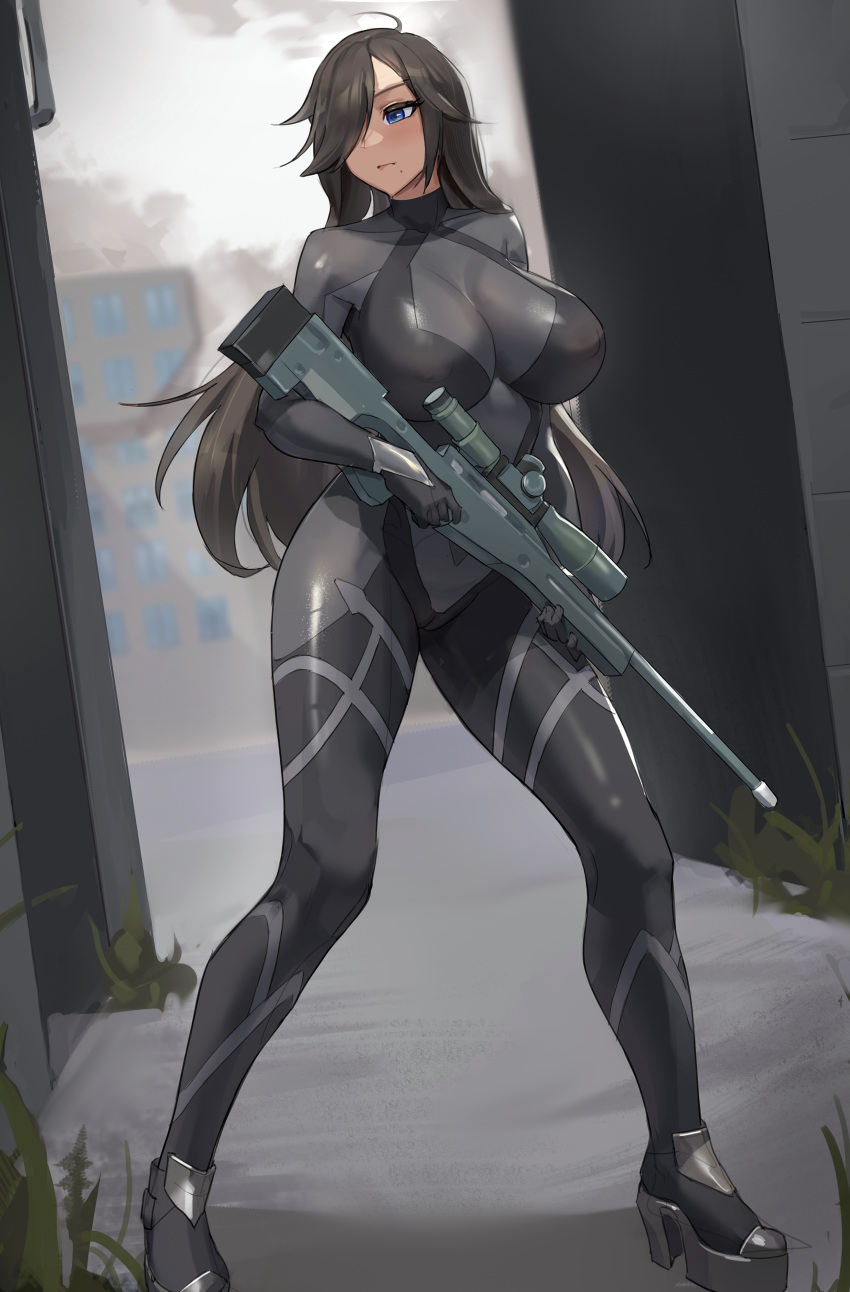 1girl absurdres ai_arctic_warfare bangs black_hair blue_eyes blush bodysuit bolt_action breasts closed_mouth gun hair_over_one_eye highres holding holding_gun holding_weapon large_breasts long_hair mole mole_under_mouth one_eye_covered original revision rifle shikube sniper_rifle solo standing thighs weapon