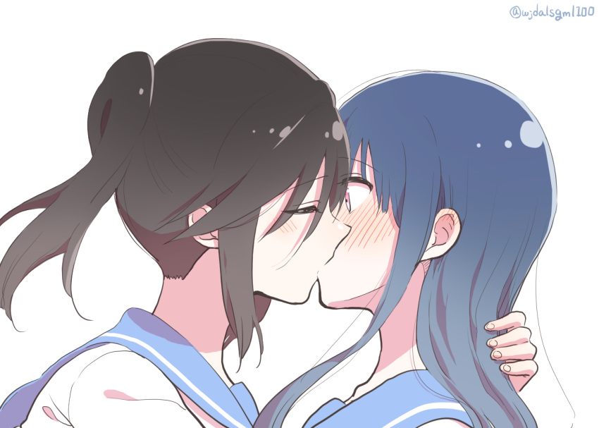 2girls black_hair blush closed_eyes hibike!_euphonium kasaki_nozomi kiss kumaman liz_to_aoi_tori long_hair multiple_girls school_uniform simple_background surprise_kiss surprised white_background wide-eyed yoroizuka_mizore yuri