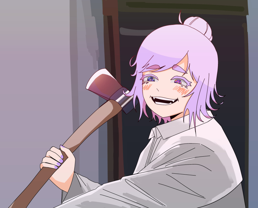 1girl absurdres american_psycho axe blush colored_eyelashes cosplay evil_smile grin heterochromia highres holding holding_axe light_purple_hair multicolored_eyes open_mouth original patrick_bateman patrick_bateman_(cosplay) raincoat simple_background smile solo xyanide