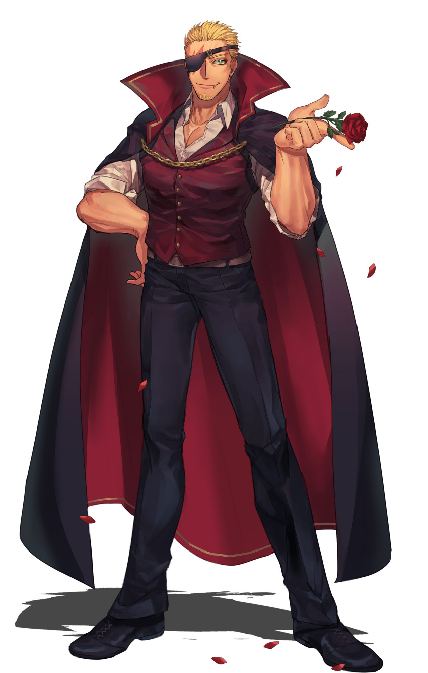 absurdres black_cape blonde_hair cape costume eyepatch facial_hair fangs goatee halloween halloween_costume highres large_pectorals male_focus muscular muscular_male one-eyed one_eye_covered pectorals popped_collar ramon_(kof) rkgkjj scar scar_across_eye scar_on_face short_hair snk the_king_of_fighters vampire vampire_costume