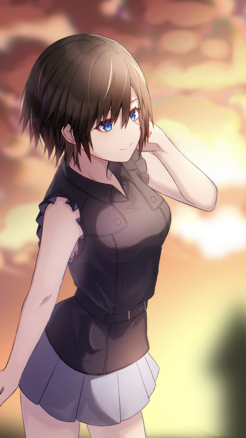 1girl bangs black_dress black_hair blue_eyes breasts buttons closed_mouth commentary_request dande_cat dress frills grey_skirt hair_between_eyes highres kingdom_hearts kingdom_hearts_iii looking_away medium_breasts miniskirt pleated_skirt short_hair skirt sleeveless sleeveless_dress smile solo xion_(kingdom_hearts)