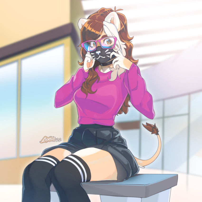 absolute_territory anthro black_bottomwear black_clothing black_legwear black_skirt bottomwear breasts brown_eyebrows brown_hair brown_tail clothed clothing dandee_(character) eyebrows eyewear felid female fully_clothed fur fur_tuft glasses hair hi_res legwear lion looking_at_viewer luxar92 mammal mask multicolored_body multicolored_ears multicolored_fur pantherine pink_clothing pink_eyewear pink_glasses pink_topwear sitting skirt tail_tuft tan_body tan_fur tan_legs tan_tail thigh_highs topwear tuft white_clothing white_legwear
