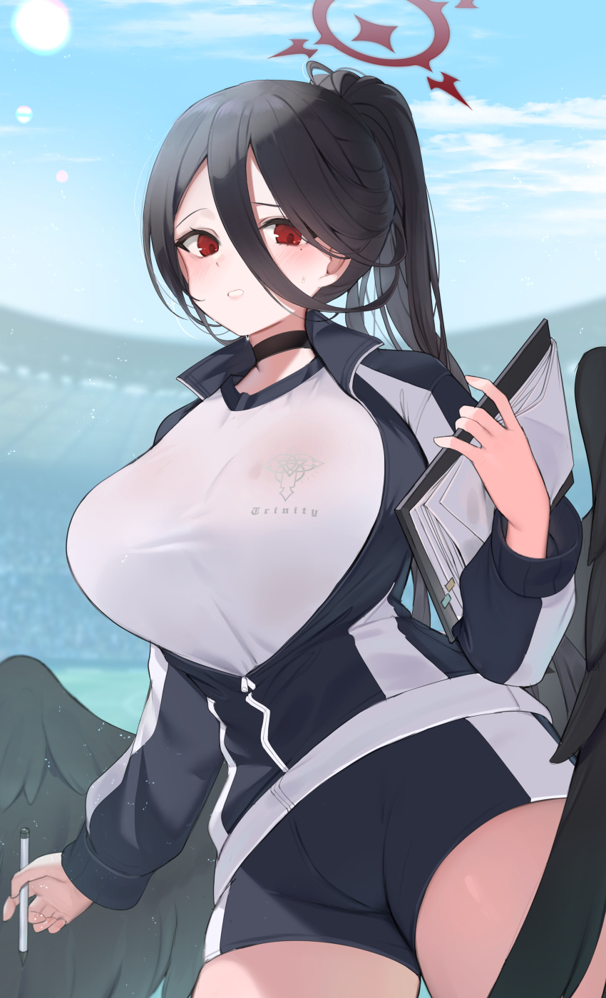 1girl absurdres bangs black_choker black_hair black_wings blue_archive blush breasts choker clipboard cowboy_shot feathered_wings feathers from_below gym_shirt gym_uniform hair_between_eyes halo hasumi_(blue_archive) hasumi_(gym_uniform)_(blue_archive) highres huge_breasts large_wings long_bangs long_hair long_sleeves looking_at_viewer low_wings mole mole_under_eye official_alternate_costume outdoors parted_lips partially_unzipped red_eyes ropu_(ropu_10) shirt short_shorts shorts solo sports_festival taut_clothes taut_shirt very_long_hair white_shirt wings
