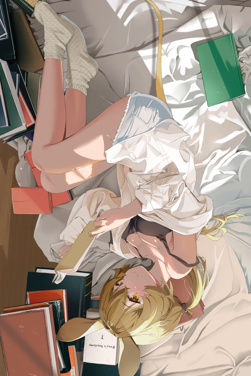1girl absurdres animal_ears arknights auguste bed black_tank_top blonde_hair blush book book_stack breasts cleavage dorothy_(arknights) grey_shorts highres holding holding_book indoors long_hair long_sleeves looking_at_viewer lying medium_breasts mouse_ears mouse_girl mouse_tail off_shoulder on_side open_book ponytail reading shirt shorts smile socks solo strap_slip tail tank_top upside-down white_shirt white_socks yellow_eyes