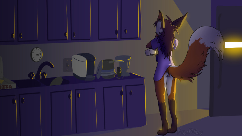 absurd_res alderian analog_clock anthro appliance bottomless bottomless_female brown_hair butt canid canine clock clothed clothing coffee_maker container countershade_legs countershading cup cupboard dairy_products digital_media_(artwork) digitigrade dipstick_ears dipstick_tail dishes female food fox fridge fur fur_markings hair hi_res holding_object inner_ear_fluff inside kinipshun kitchen kitchen_appliance kitchen_counter kitchen_sink kitchen_utensils leg_markings light_switch mammal markings michelle_(kinipshun) milk_container multicolored_ears night orange_body orange_fur pizza_box purple_clothing purple_shirt purple_topwear raised_tail shirt socks_(marking) solo standing tail_markings tools topwear tuft