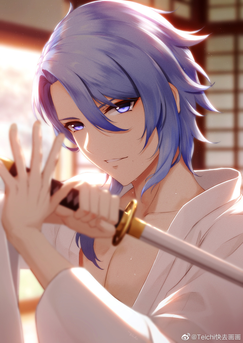 1boy abs blue_eyes blue_hair genshin_impact hair_between_eyes highres holding holding_sword holding_weapon japanese_clothes kamisato_ayato liu_guniang mole mole_under_mouth muscular muscular_male open_clothes short_hair smile sword weapon